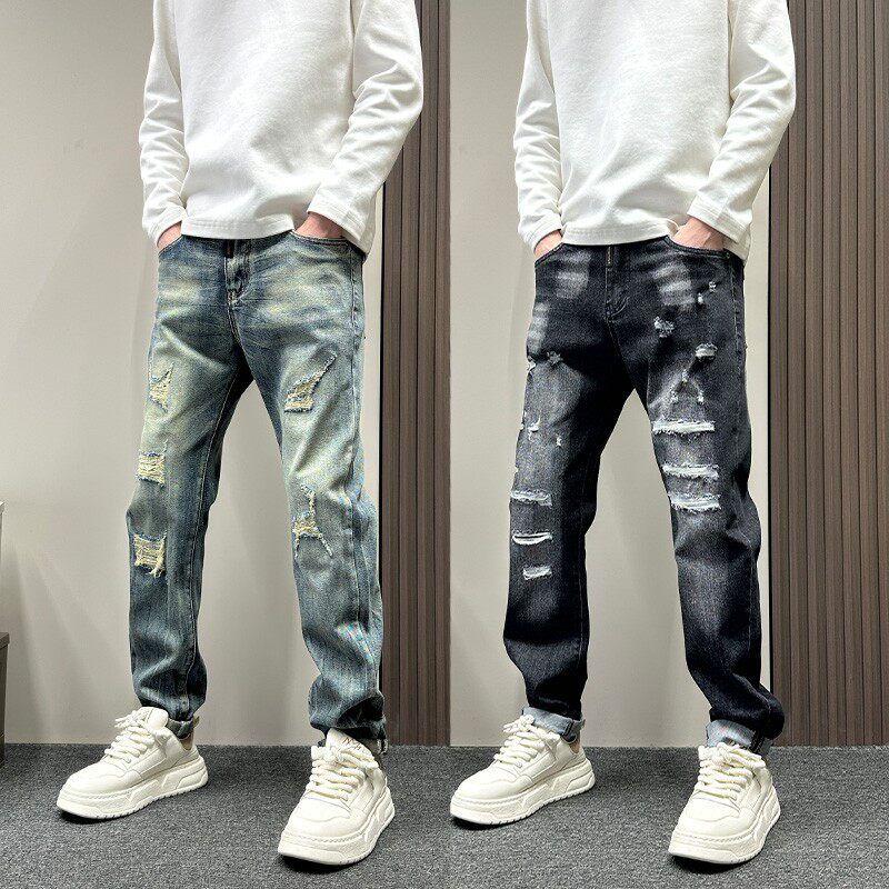 美式复古蓝色水洗破洞牛仔裤男款春秋季设计感宽松直筒显瘦休闲裤