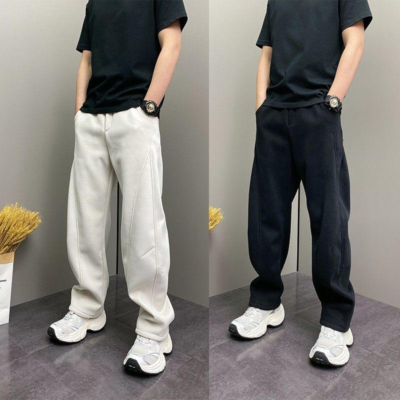 冬季重磅加绒加厚立体剪裁弯刀直筒卫裤男女款简约纯色保暖休闲裤