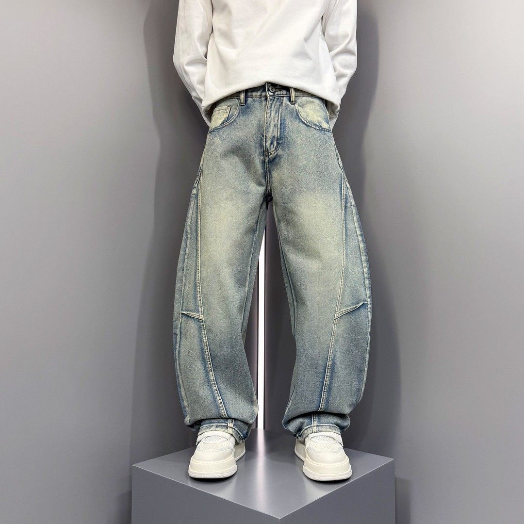 2026开春新款美式高街风水洗做旧牛仔裤男宽松阔腿弯刀直筒长裤