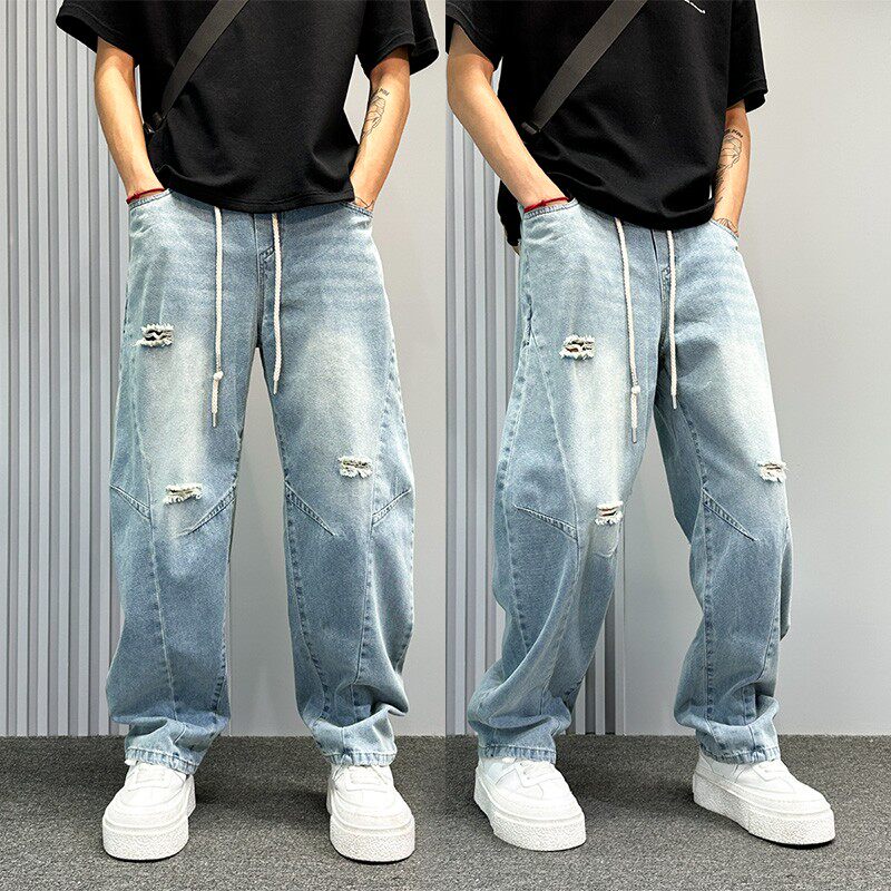 破洞牛仔裤男款夏薄款宽松直筒裤痞帅设计感美式高街休闲弯刀裤子