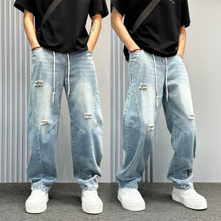 破洞牛仔裤男款夏薄款宽松直筒裤痞帅设计感美式高街休闲弯刀裤子
