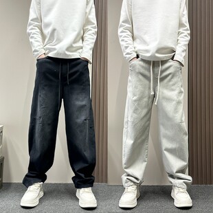 美式复古水洗脏脏休闲裤男款春秋季宽松直筒裤痞帅潮牌松紧腰男裤