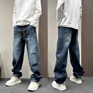 美式复古褶皱层次感水洗牛仔裤男款春秋季宽松圆月弯刀直筒裤子潮