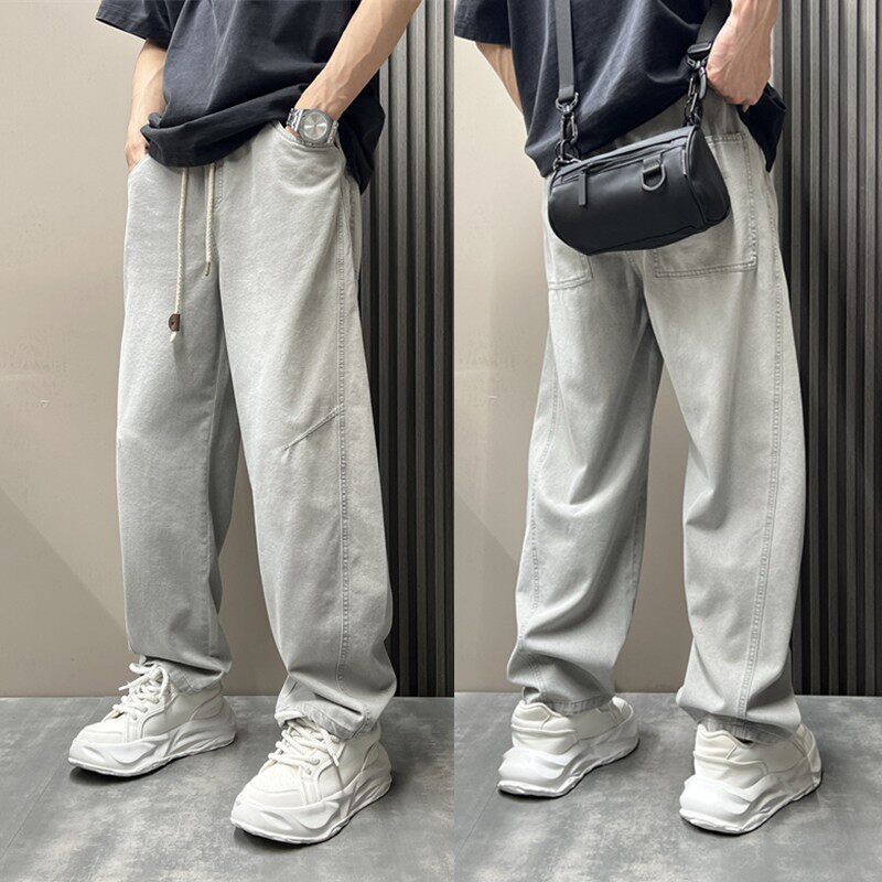 男设计感潮流弯刀牛仔裤男春夏宽松直筒裤浅色水洗阔腿薄款牛仔裤