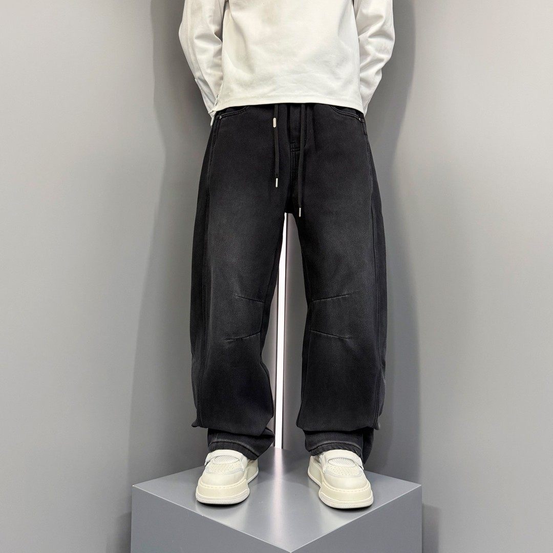 冬季新款美式复古水洗加绒加厚牛仔裤男黑色拼接宽松直筒阔腿长裤