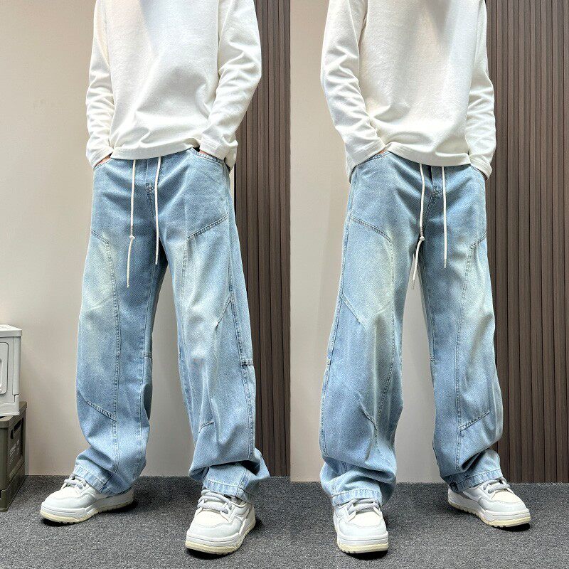 潮牌浅蓝色层次感弯刀牛仔裤男款春秋季宽松层次感显瘦直筒阔腿裤