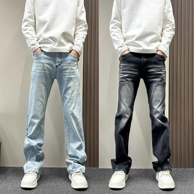春秋新款浅蓝色cleanfit水洗牛仔裤男士潮牌微喇显瘦休闲直筒裤子