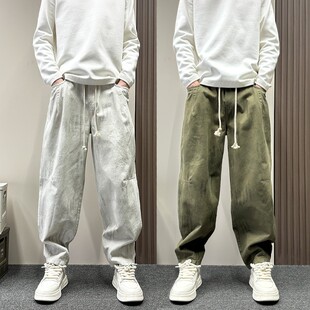 美式潮牌收脚涂鸦圆月弯刀裤男士春秋季松紧腰拼接百搭直筒休闲裤