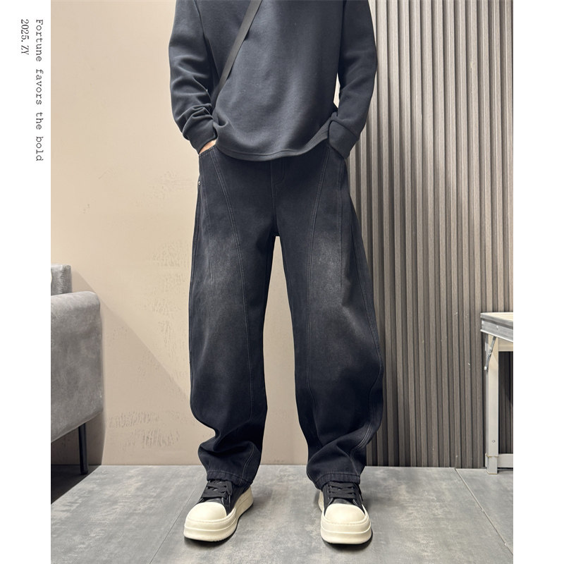 2025美式潮流秋冬痞帅水洗做旧宽松加绒弯刀牛仔裤男宽松阔腿裤