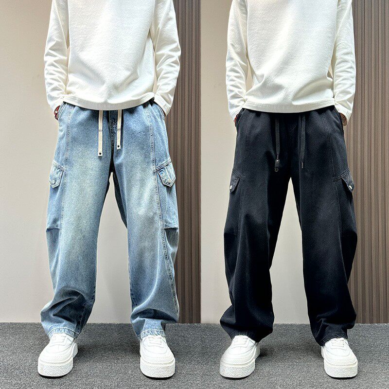 美式复古蓝色工装牛仔裤男款春夏季宽松直筒裤痞帅潮牌弯刀裤子潮