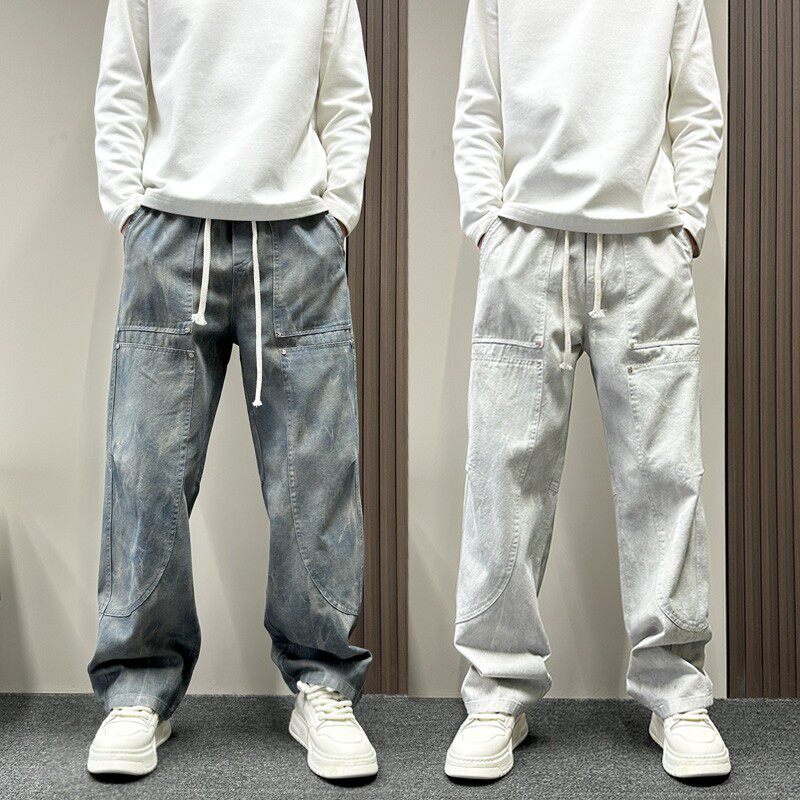 设计感复古印花休闲裤男款春秋季宽松直筒裤圆月弯刀伐木阔腿裤子