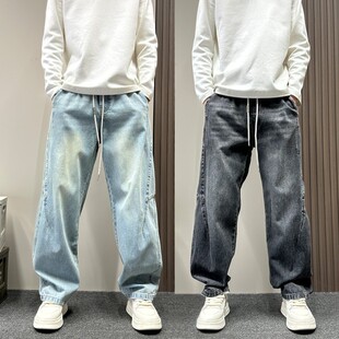 设计感立体拼接水洗弯刀牛仔裤男士春秋季美式复古宽松直筒长裤