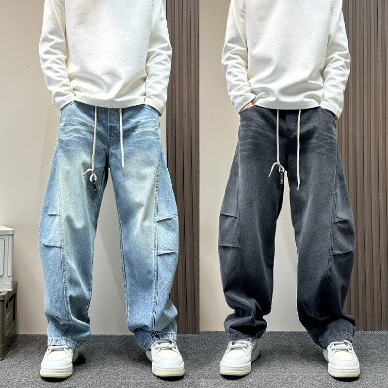 美式复古褶皱层次感弯刀牛仔裤男款春秋季宽松阔腿休闲直筒长裤子
