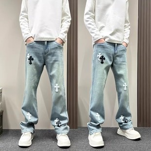 美式潮牌十字架微喇水洗蓝色牛仔裤男款cleanfit春秋直筒休闲裤子