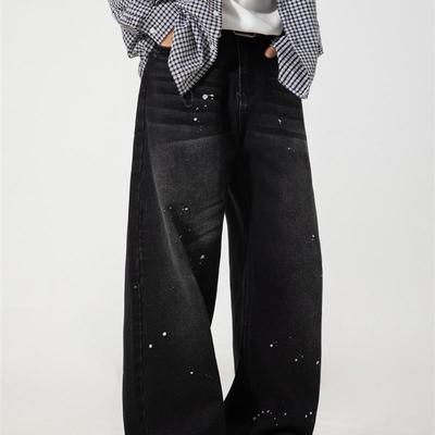 复古水洗泼墨牛仔裤秋季新款日系宽松破洞直筒裤潮牌廓形长裤子q