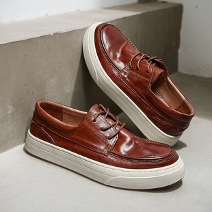 广州高端透气休闲商务鞋软底2025春秋季马皮鞋男复古板鞋男潮真皮