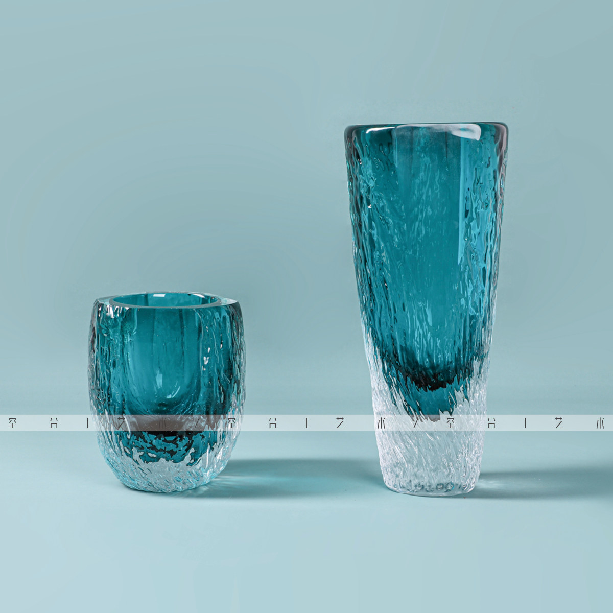 空合现代简约蓝色琉璃切割艺术花器样板间酒店客餐厅装饰花瓶摆件