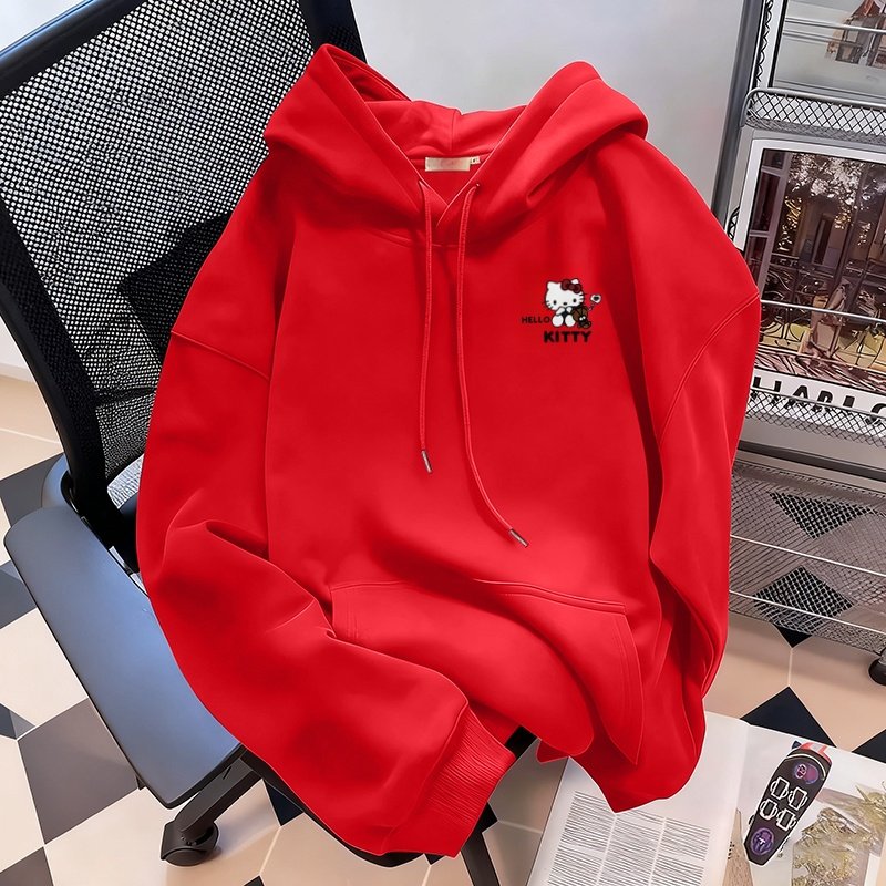 纯棉女童红色连帽卫衣秋冬季新款宽松加绒套头帽衫新年服秋冬加厚