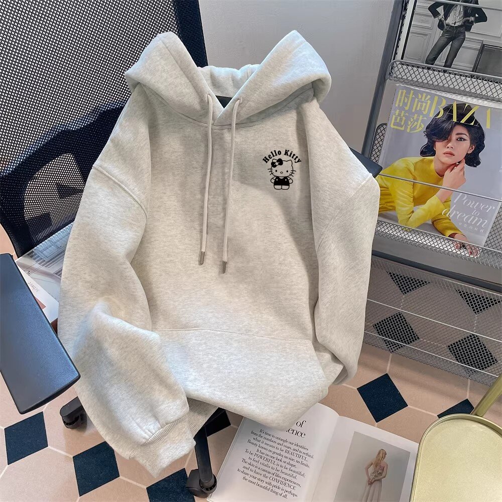 纯棉女童连帽卫衣Kitty猫春秋季新款宽松加绒套头帽衫秋冬加厚ins