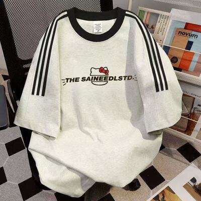 美式纯棉三条杠短袖t恤女中大童新款夏季初中高中学生宽松上衣夏