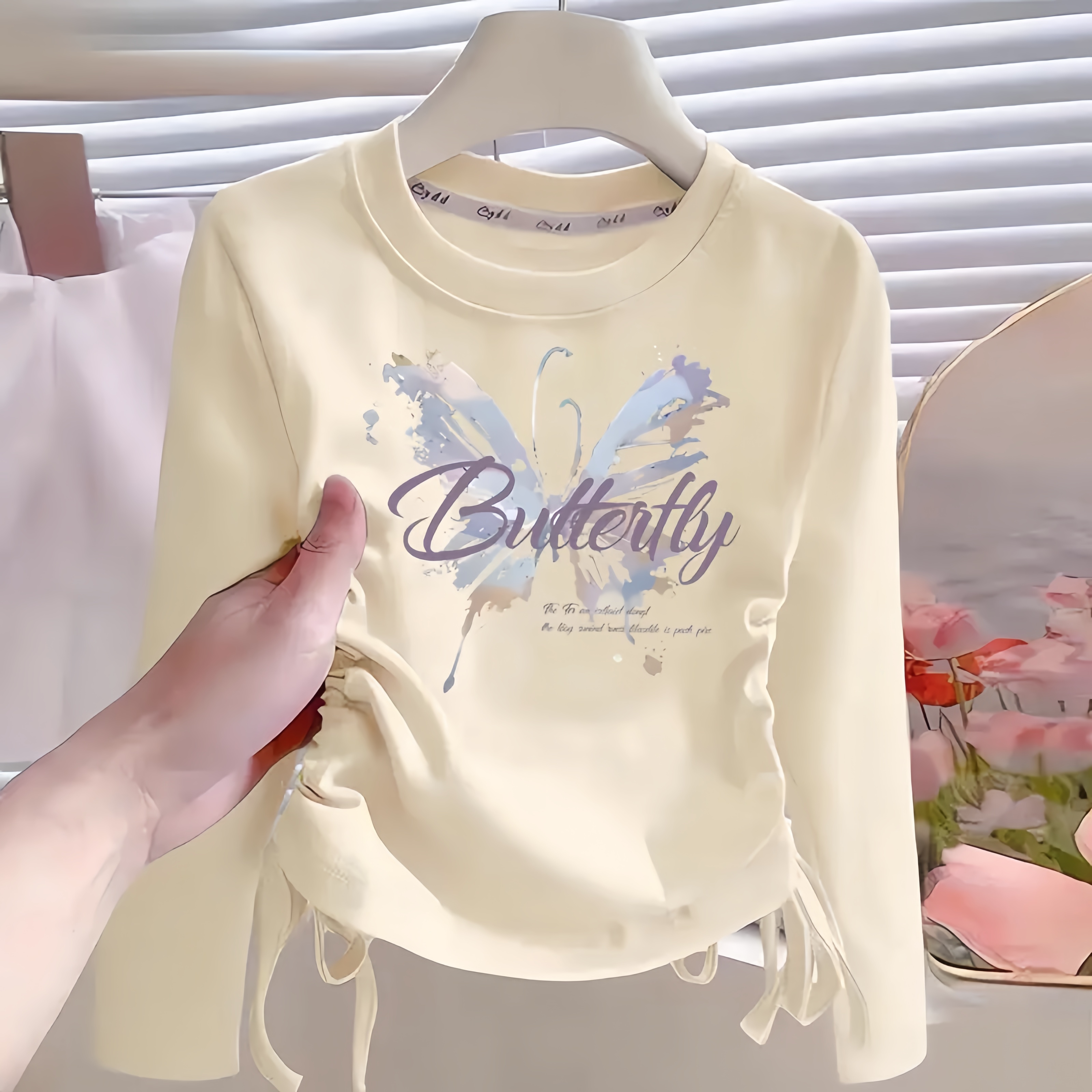 儿童春秋款洋气长袖T恤女童韩版纯棉抽绳短款打底衫中大童上衣服