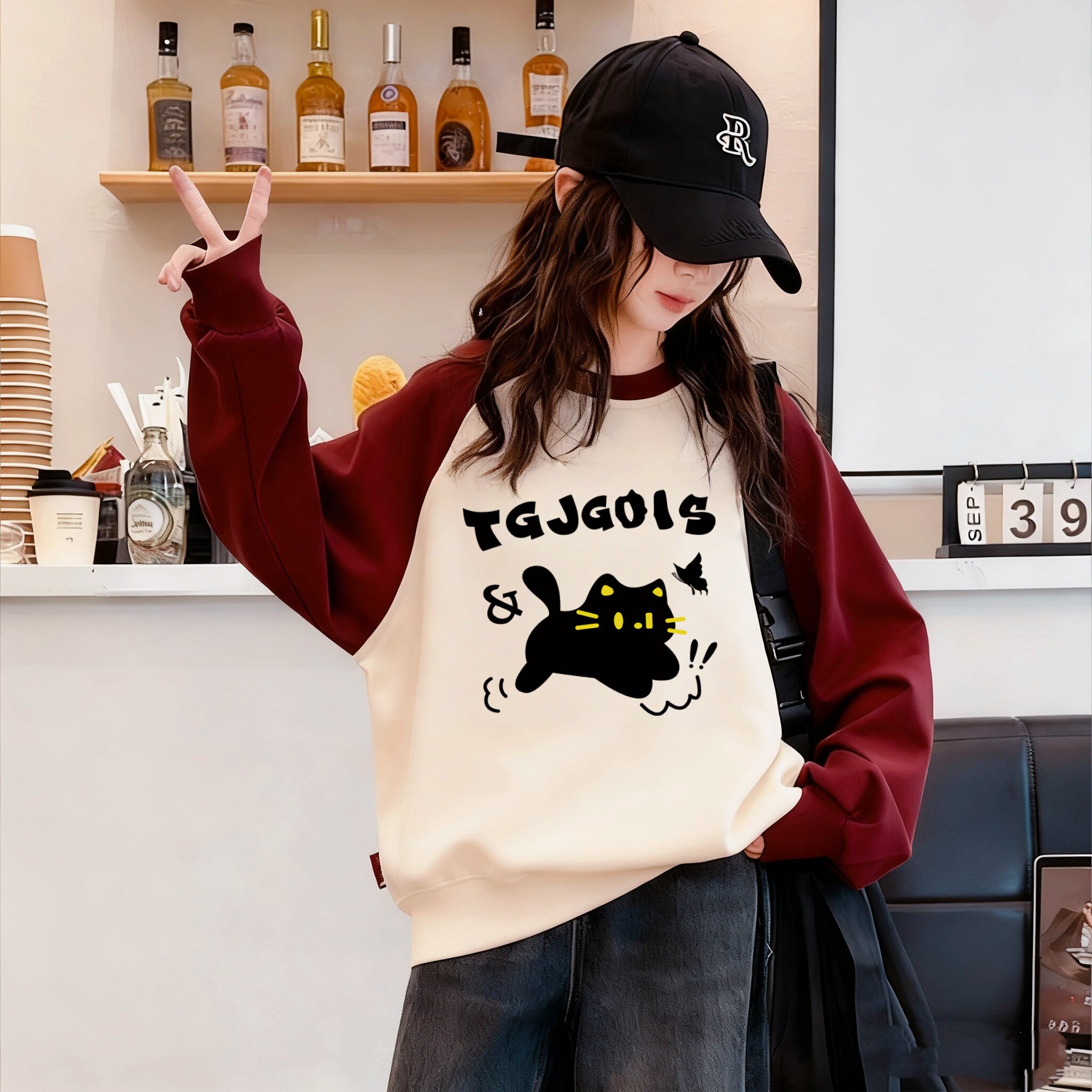 纯棉女童卡通小猫撞色插肩袖卫衣秋冬加绒加厚宽松百搭打底衫上衣