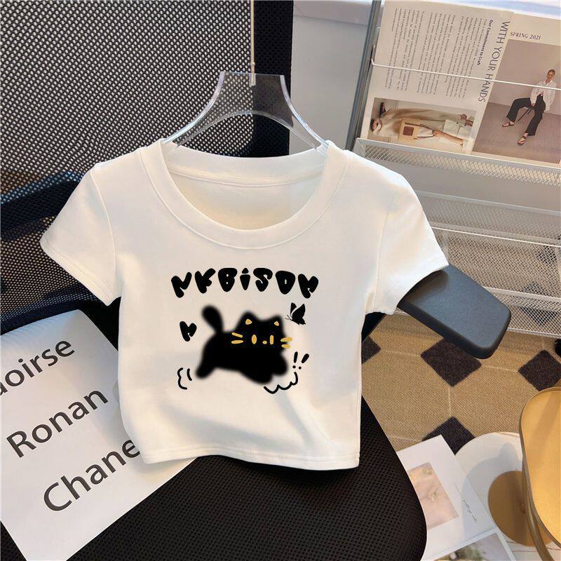 女童纯棉短袖T恤2025新款夏季上衣中大童设计感白夏装短款上衣潮