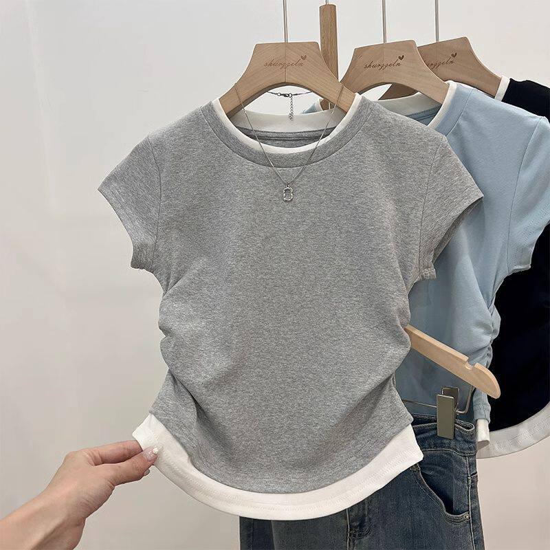 女童撞色假两件圆领正肩短袖T恤中大童褶皱收腰内搭女打底衫上衣