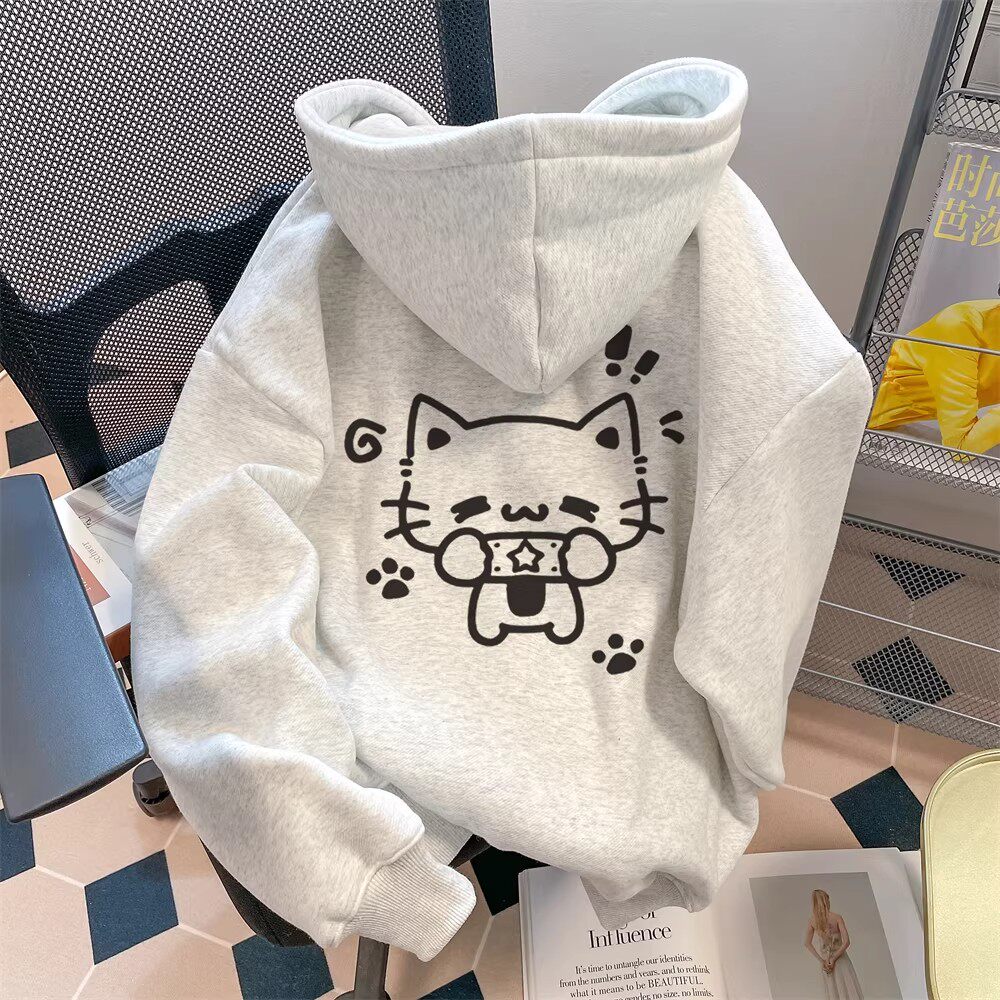 纯棉女童小猫咪卫衣女秋冬加绒可爱洋气慵懒风春季连帽百搭上衣