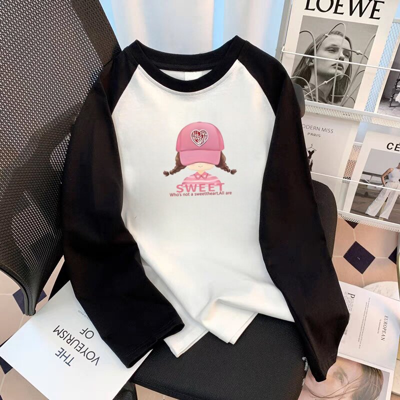 纯棉女童长袖T恤插肩袖秋冬新款宽松洋气中大童上衣服打底衫ins