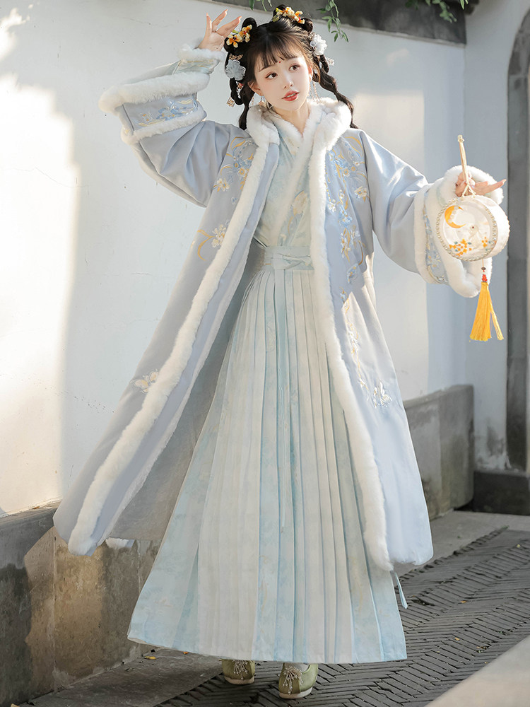 HAN AND TANG HUAYUN 원래 HANFU 여성 [HANJIANG SNOW] 송나라 더블 브레스트 플러스 벨벳과 두꺼운 후드 긴 수염 주름 스커트
