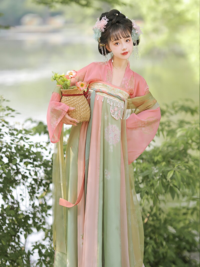 HAN AND TANG HUAYUN 원래 HANFU 여성 [SPRING WATER] 여름 데일리 스타일 자수 인쇄를위한 당나라 제작 가슴 길이 스커트