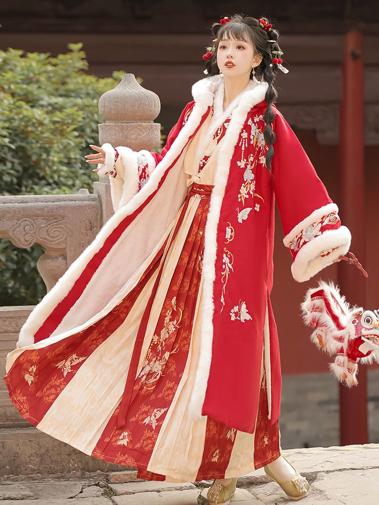 HAN AND TANG HUAYUN 원래 HANFU 여성 [HANJIANG SNOW] 송나라 더블 브레스트 플러스 벨벳과 두꺼운 후드 긴 수염 주름 스커트