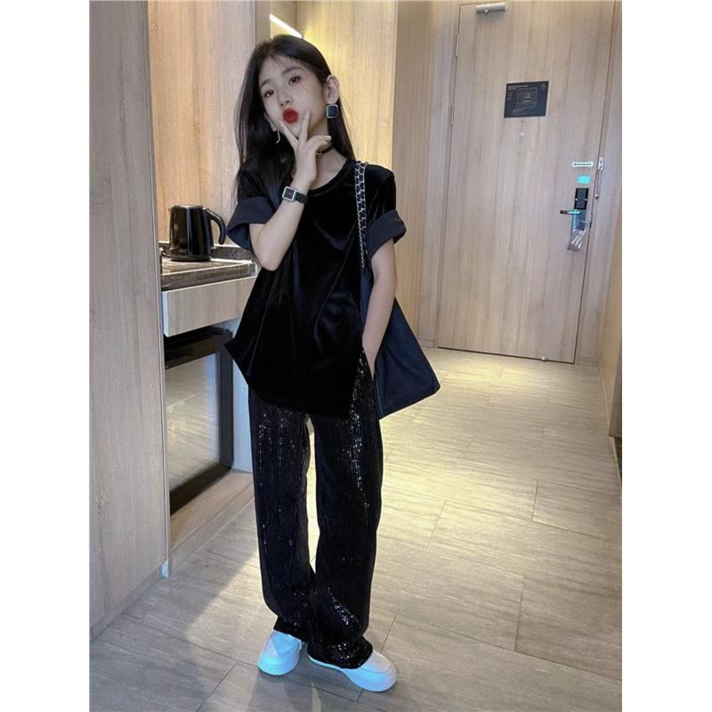 网红童装套装秋季新款女童丝绒半袖重工亮片裤两件套中大童韩范潮