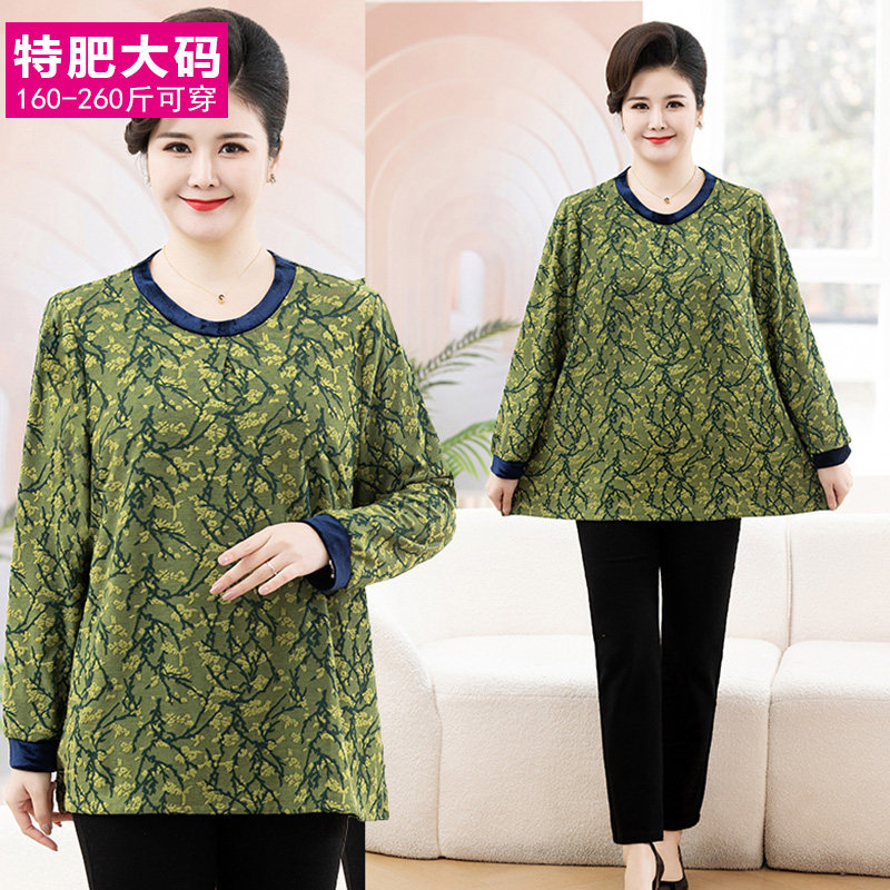 中老年女装春秋打底衫加肥加大码长袖t恤2024春装新款胖妈妈上衣