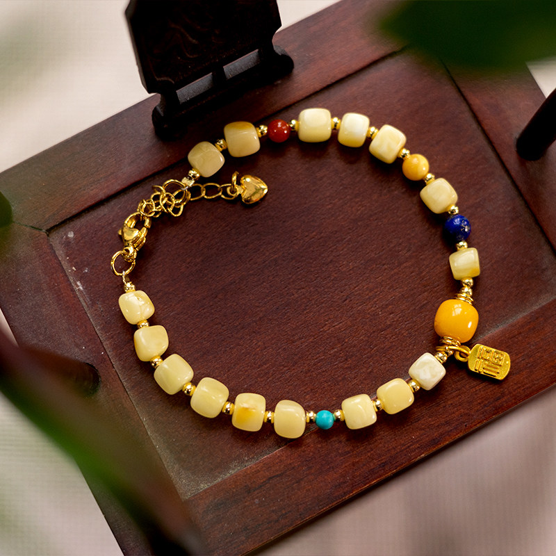 天然蜜蜡方珠手串搭配青金绿松石南红玛瑙单圈转运珠女款手链手饰