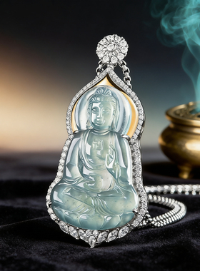 天然a货翡翠蓝水阿弥陀佛S925银镶佛祖冰种玉石吊坠男女项链挂件