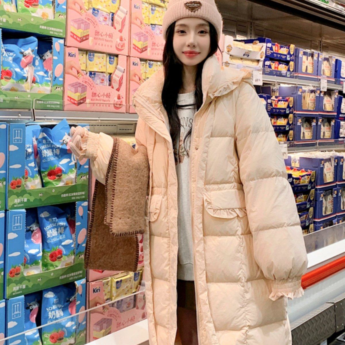 白鸭绒粉色羽绒服女中长款2025冬季新款设计感超好看加厚保暖外套