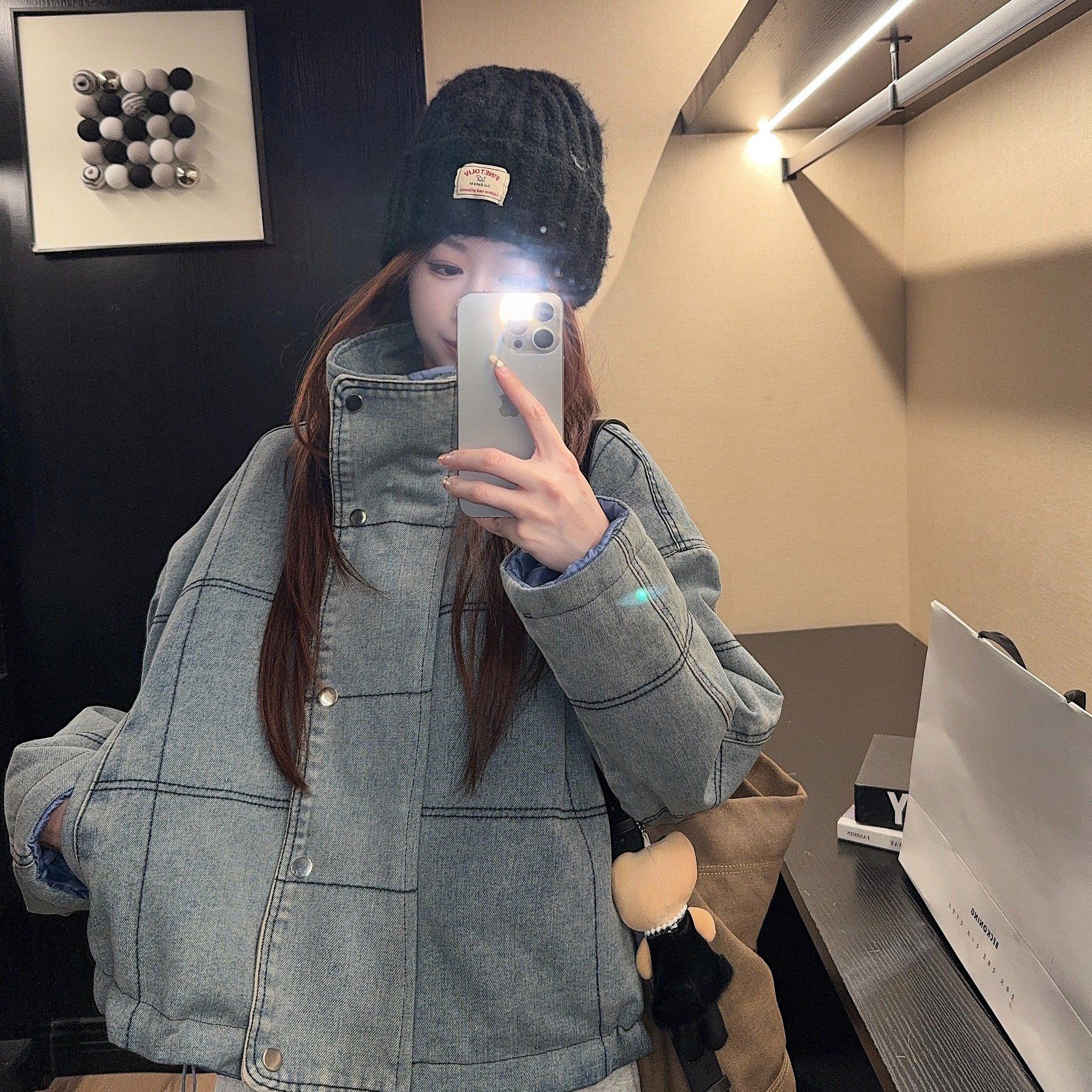 实拍实价 秋冬季复古做旧立领牛仔棉服外套女短款加厚保暖棉衣潮