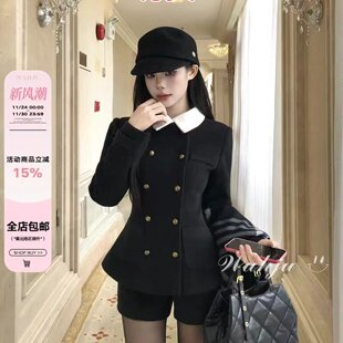 画解WAHJU 绘里子 冬季千金英伦风双排扣设计翻领拼接毛呢外套女