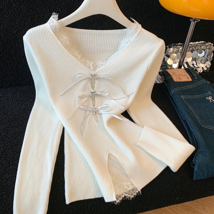 实拍蕾丝拼接v领开叉针织衫女秋冬纯欲蝴蝶结系带内搭打底衫上衣