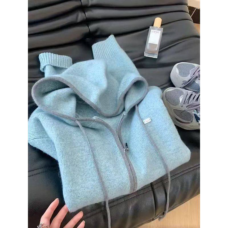实价#绵羊绒#慵懒风蓝色双拉链连帽毛衣女2025韩系宽松针织开衫