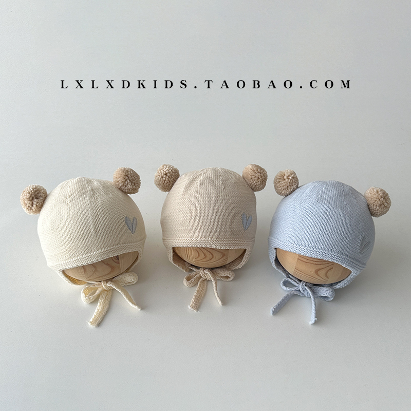 婴儿护耳帽双层爱心刺绣系带