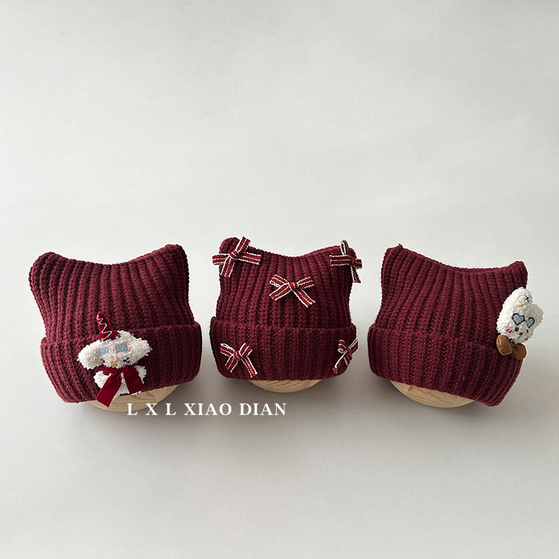 宝宝帽子女童秋冬季洋气卡通针织尖尖帽喜庆酒红男童儿童毛线帽潮