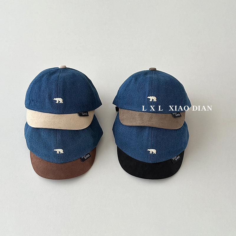 宝宝鸭舌帽复古牛仔短檐帽子男童可爱超萌北极熊刺绣婴幼儿棒球帽