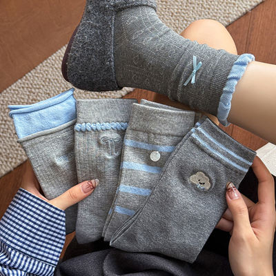 灰色袜子女纯棉中筒袜秋冬款