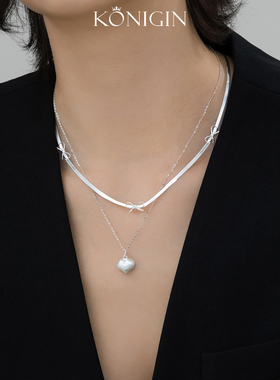 双层蝴蝶结项链女纯银爱心锁骨链