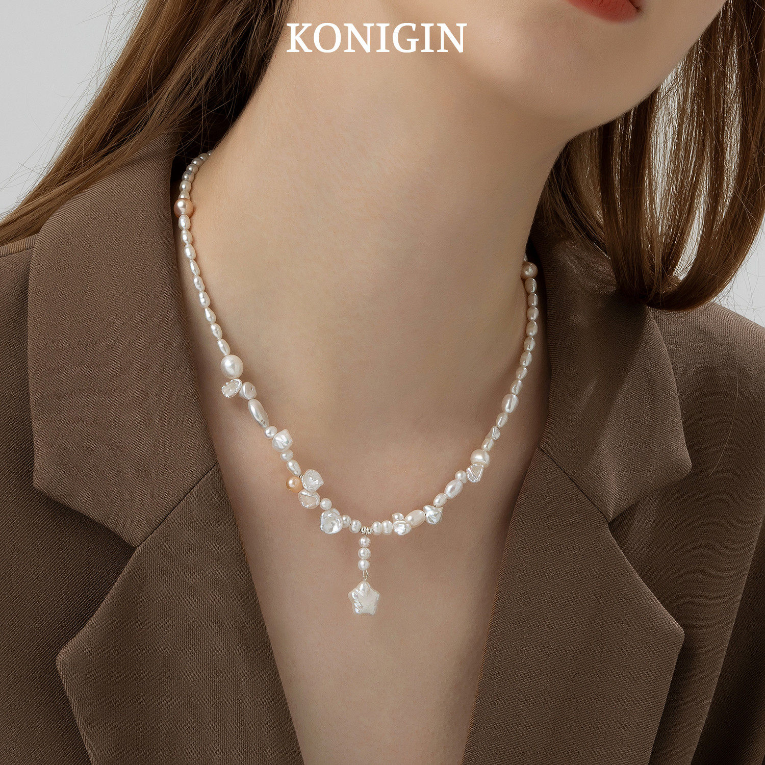 Konigin巴洛克淡水珍珠项链女925纯银五角星吊坠颈链夏季锁骨链
