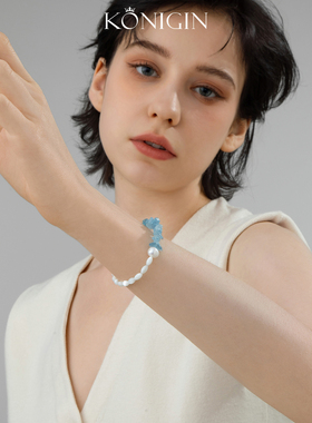 天然碎石海蓝宝珍珠手链女