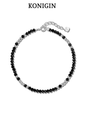 黑晶石手链女s925纯银串珠手饰